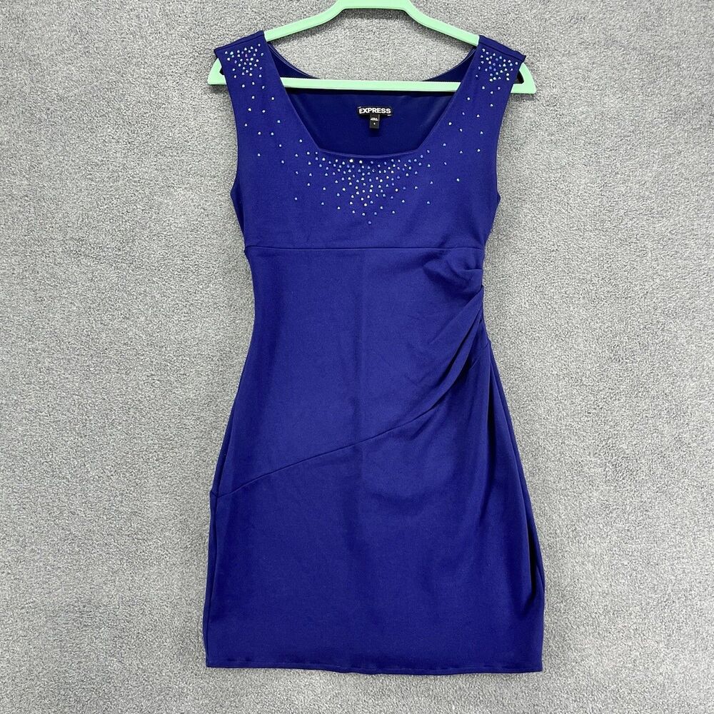 Express Dress womens 4 Royal Blue Wrap Tank Bodycon rhinestone‎ Decor